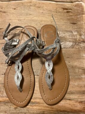 G by Guess Silver Braided T-Strap Sandals Women